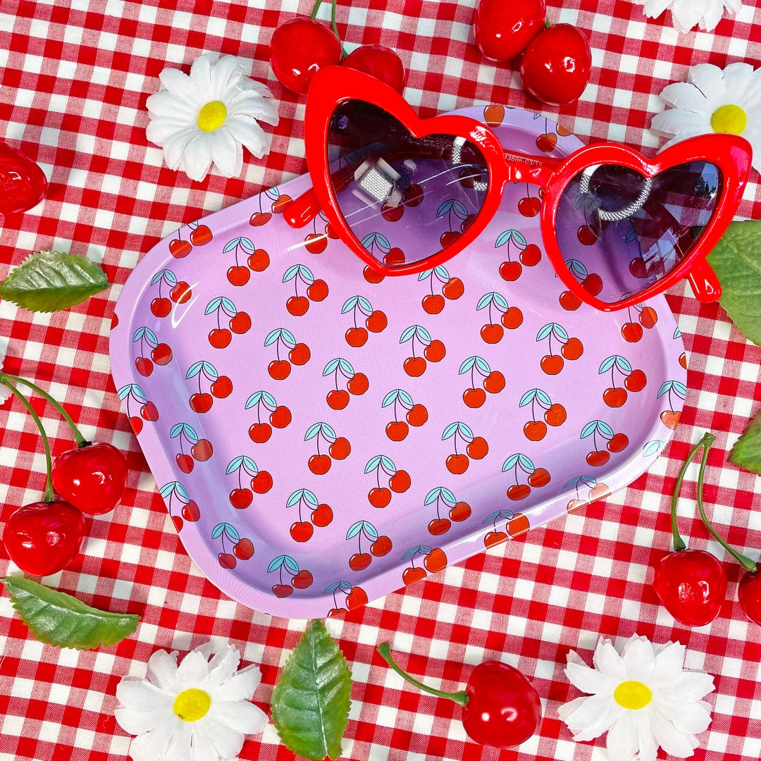 Burning Love Cherry Rolling Tray with vibrant cherry design