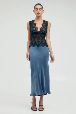 Visions Lace Deep V Maxi Dress in Sapphire