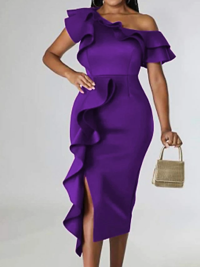 Purple off-shoulder cocktail dress