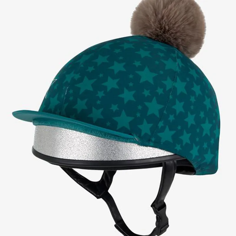 LeMieux Mini Pom Hat Silk Spruce on child's helmet