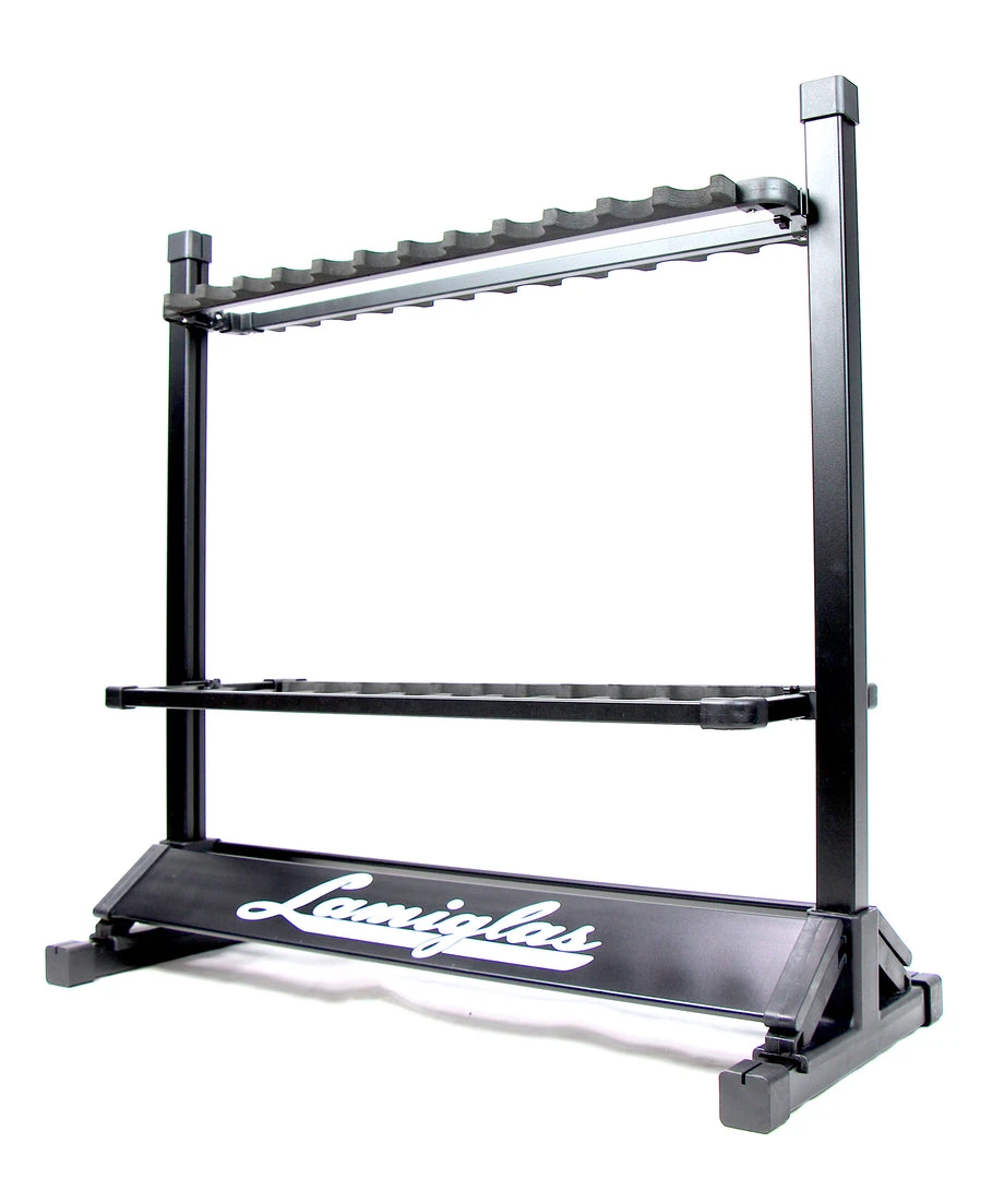 Lamiglas 24 Rod Rack loaded with fishing rods
