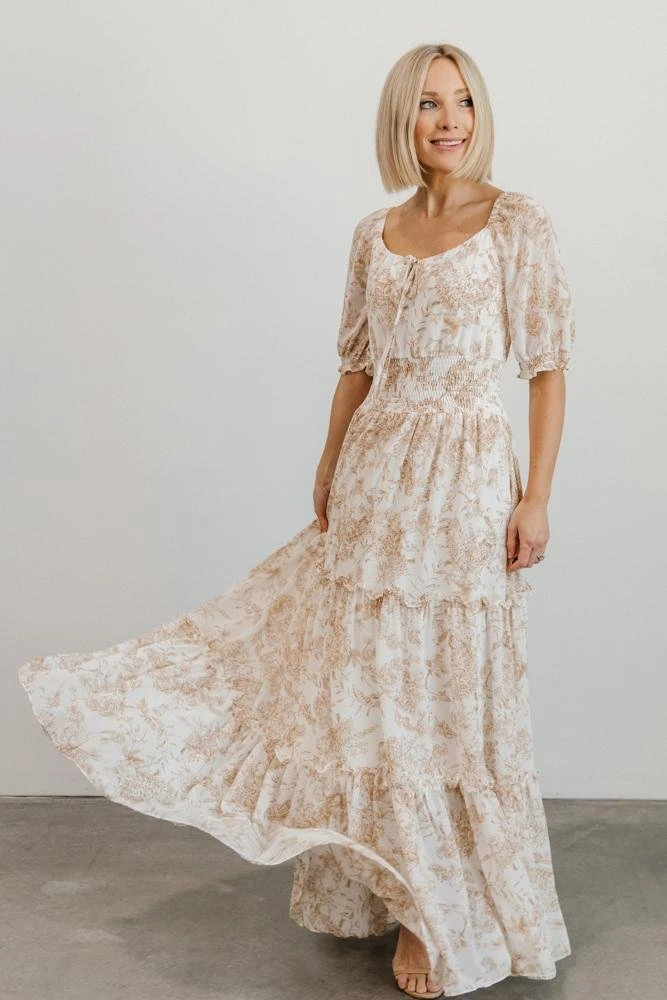 BB Custom Alice Smocked Maxi Dress in Taupe Print