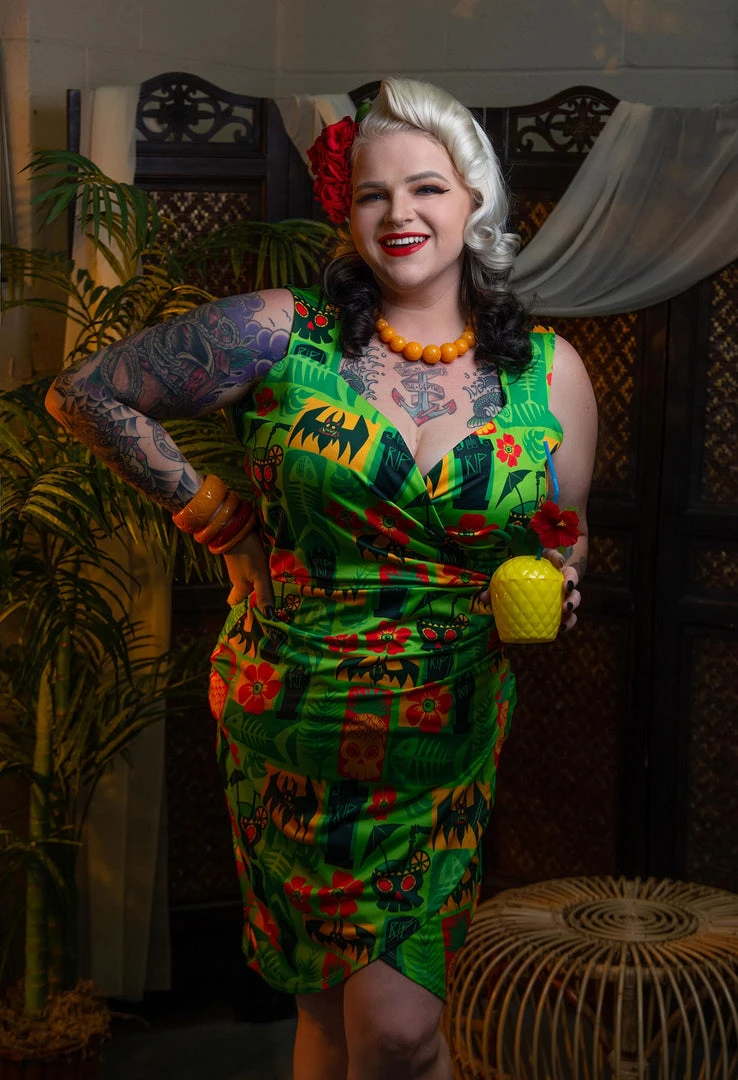 SOURPUSS KREEP-A-TIKI DRESS modeled by Sara Bohm