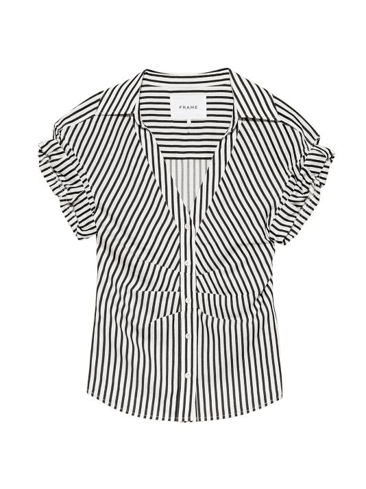 Frame Stripe Rolled-Sleeve Button-Down Top