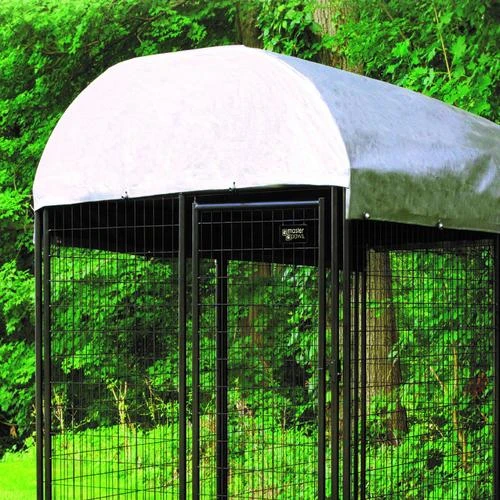 Master Paws Kennel Cover protecting dog from elements