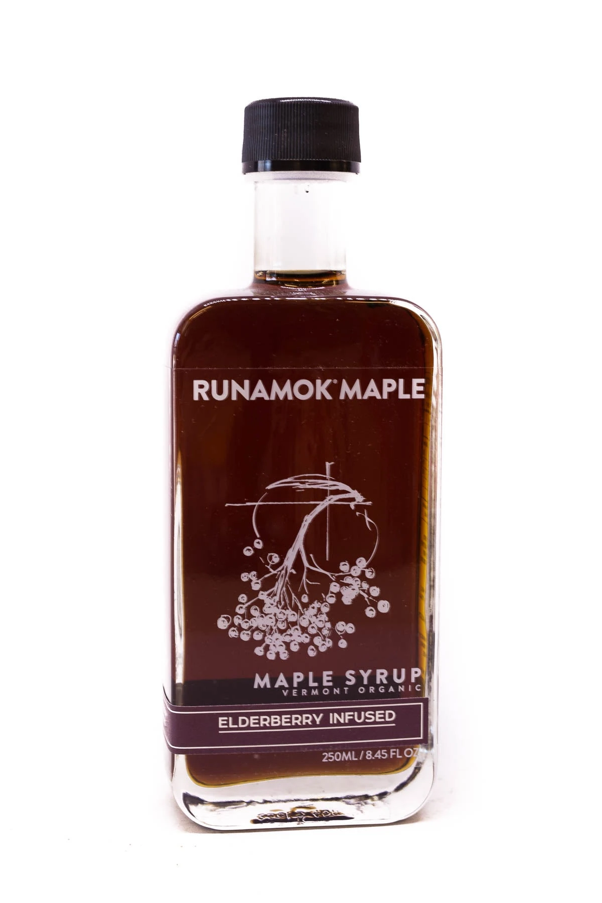Elderberry Infused Maple Syrup bottle with pancakes
