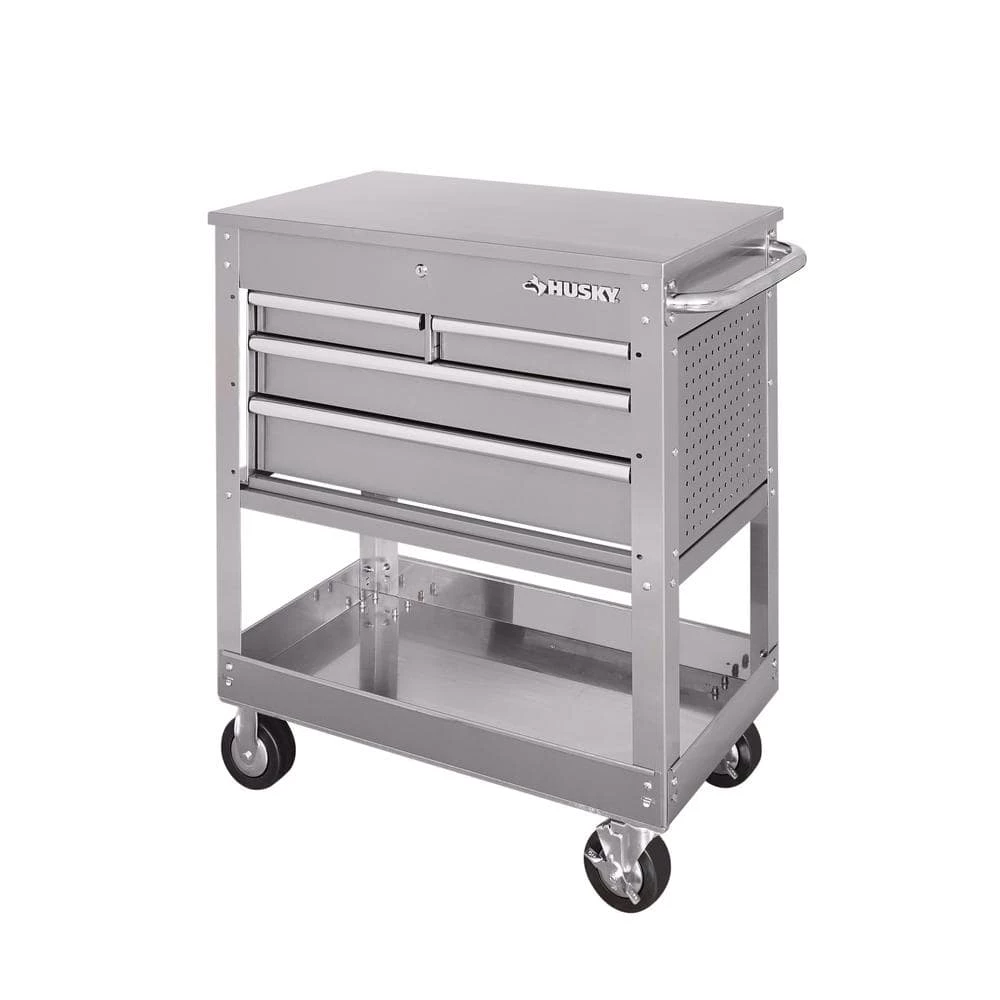 Husky 33 inch stainless steel tool cart with drawers open
