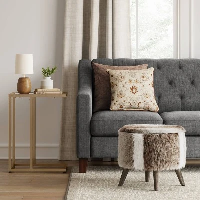 Judith Faux Fur Ottoman in Light Brown