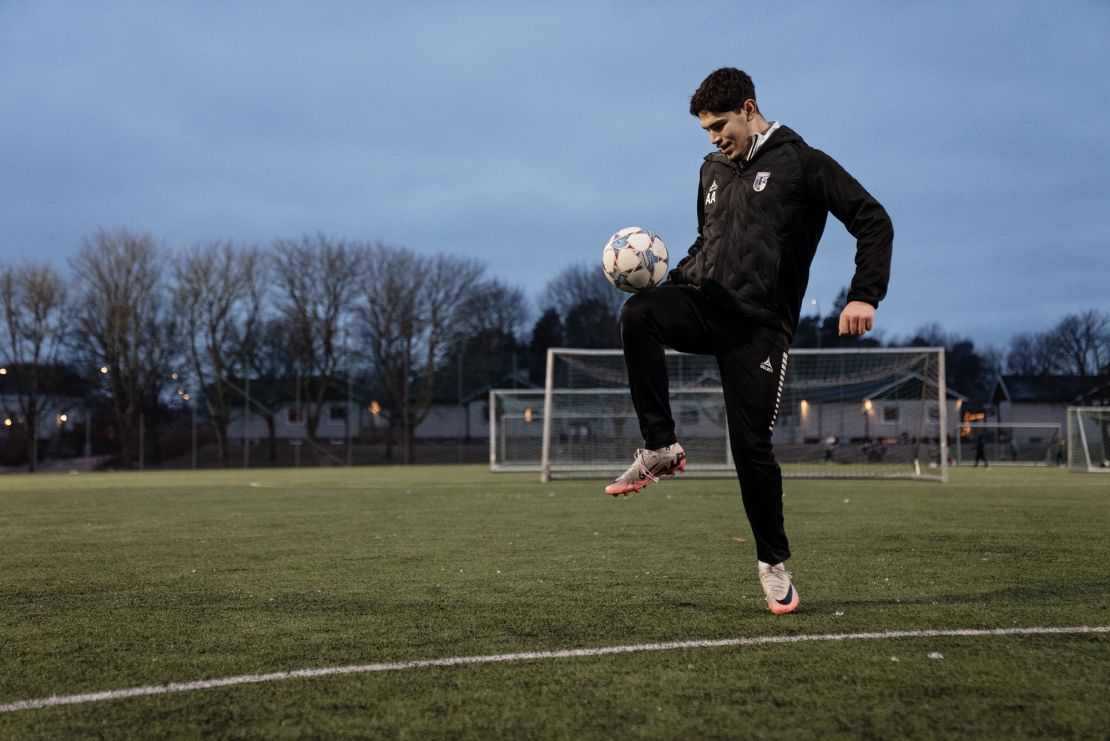 Abdulraof Alchaieb, who goes by Abudi for short, practices at the Valsätra Sports Ground in Uppsala in February. The 18-year-old was recently selected for Syria’s under-20 team.