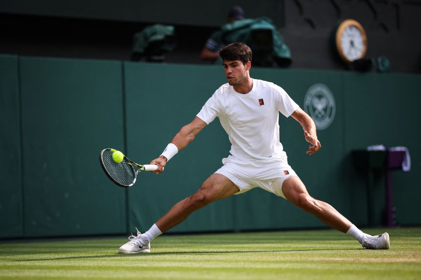 Carlos Alcaraz chases down a shot during the Wimbledon final last month, showing off flexibility, endurance and strength.