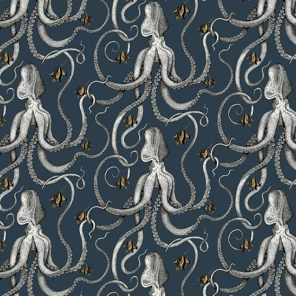 Josephine Munsey Octopoda Deep Sea Blue Wallpaper featuring intricate octopus design