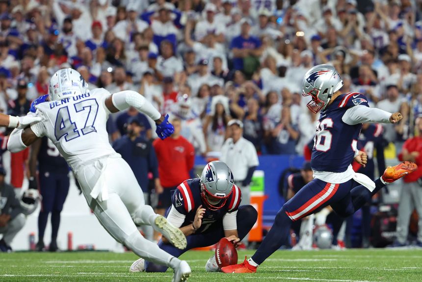 Andy Borregales kicked a late field goal on Sunday to help win the game for the Patriots.